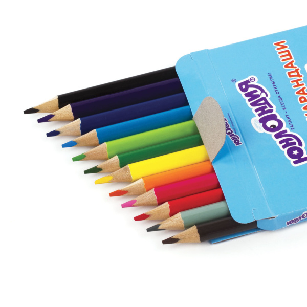 Карандаши цветные ЮНЛАНДИЯ "ЮНЛАНДИК БЫСТРЕЕ ВСЕХ", 12 цветов, трехгранные заточенные, 181388 - Карандаши цветные