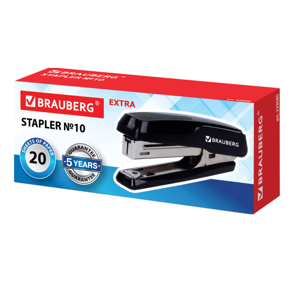 Степлер №10 BRAUBERG "Extra", до 20 листов, антистеплер, черно-серый, 229080 - Степлеры настольные