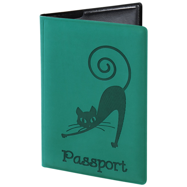 Обложка для паспорта STAFF, мягкий полиуретан, "Кошка", бирюзовая, 237616 - Обложки для паспорта