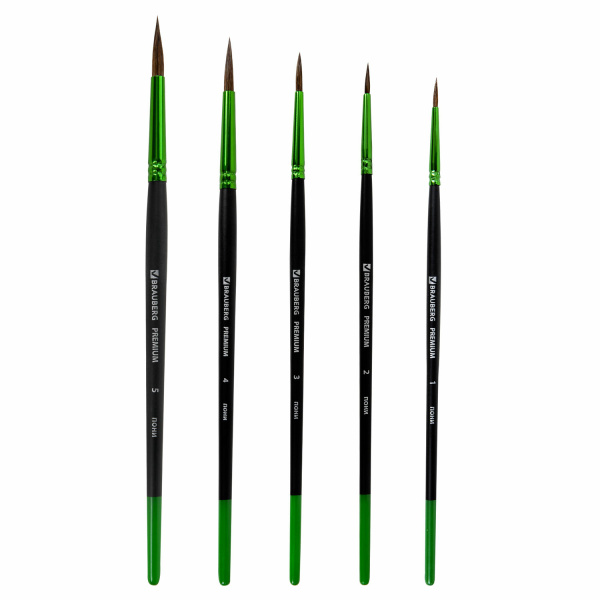 Кисти BRAUBERG PREMIUM, набор 5 шт. (из ворса пони круглые № 1, 2, 3, 4, 5), блистер, 201022 - Кисти для рисования