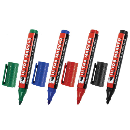 Маркеры перманентные BRAUBERG ULTRA MARKER, НАБОР 4 ЦВЕТА, круглый наконечник 3,5 мм, 152208 - Маркеры перманентные