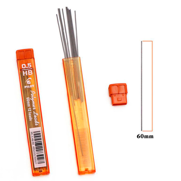 Грифели запасные 0,5 мм, HB, PILOT, КОМПЛЕКТ 12 штук, Polymer Leads, PPL-5 - Грифели для механических карандашей