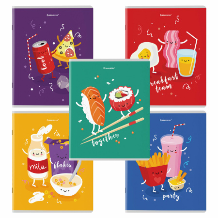 Тетради КОМПЛЕКТ 5 шт. А5, 48 л., BRAUBERG скоба, клетка, TWIN лак, "Funny Food", 404397 - Тетради 40-48 листов