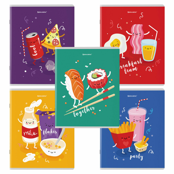 Тетради КОМПЛЕКТ 5 шт. А5, 48 л., BRAUBERG скоба, клетка, TWIN лак, "Funny Food", 404397 - Тетради 40-48 листов