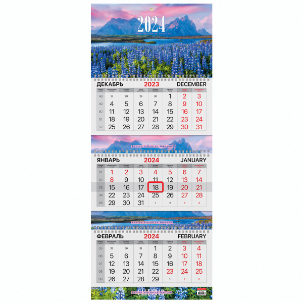 Календарь квартальный на 2024 г., 3 блока, 3 гребня, с бегунком, мелованная бумага, EXTRA, BRAUBERG, "Люпины", 115300