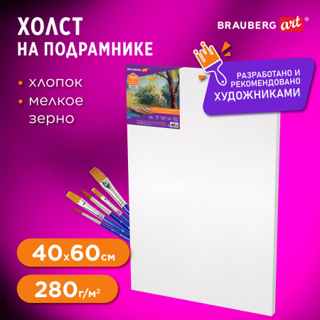 Холст на подрамнике BRAUBERG ART DEBUT, 40х60см, 280 г/м2, грунт, 100% хлопок, мелкое зерно, 191644