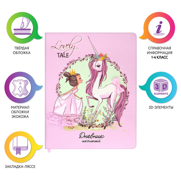 Дневник 1-4 класс 48 л., кожзам (твердая), 3D-элемент, ЮНЛАНДИЯ, "МАЛЕНЬКАЯ ФЕЯ", 105946 - Дневники для младших классов