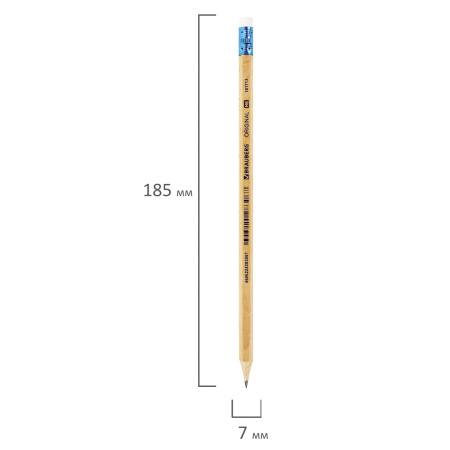Карандаш чернографитный BRAUBERG "ORIGINAL", 1 шт., HB, с ластиком, некрашеный корпус, 181713 - Карандаши чернографитные