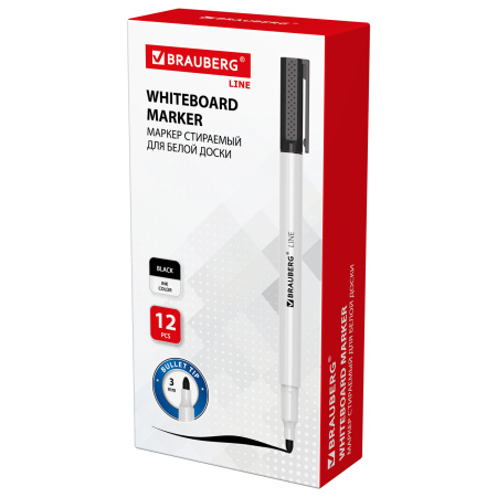 Маркер стираемый для белой доски ЧЕРНЫЙ, BRAUBERG "LINE", 3 мм, с клипом, 152118 - Маркеры для досок