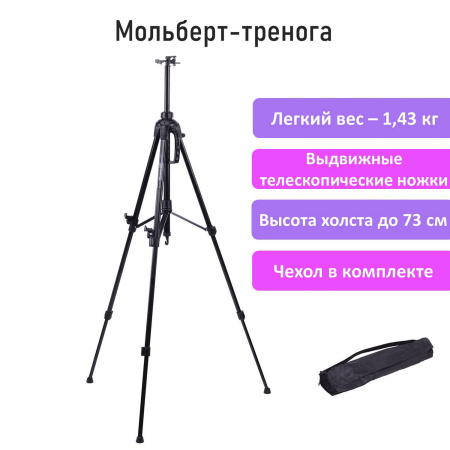 Мольберт-тренога металлический переносной, телескопический, 93х160х83 см, чехол, BRAUBERG ART, 192264 - Мольберты