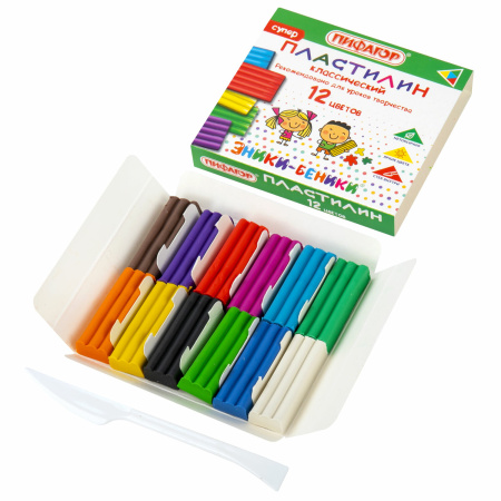 Пластилин классический ПИФАГОР "ЭНИКИ-БЕНИКИ СУПЕР", 12 цветов, 120 г, стек, 106505 - Пластилин