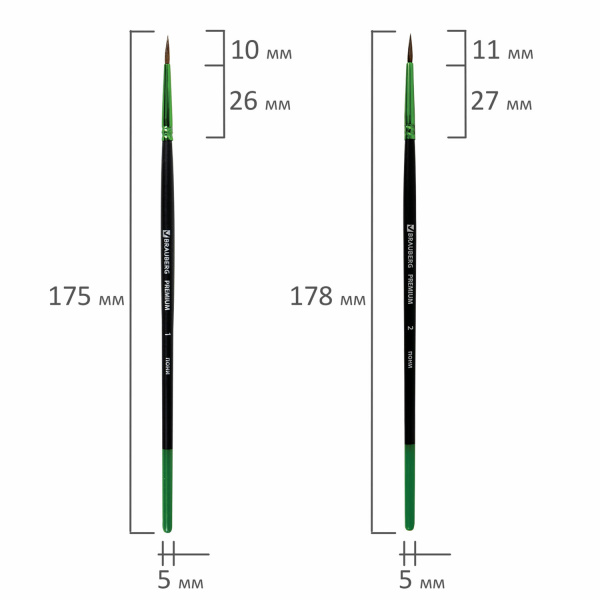 Кисти BRAUBERG PREMIUM, набор 5 шт. (из ворса пони круглые № 1, 2, 3, 4, 5), блистер, 201022 - Кисти для рисования