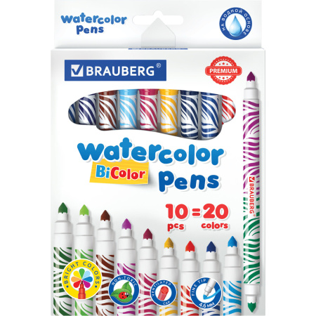 Фломастеры двусторонние утолщенные BRAUBERG "PREMIUM" "BI-COLOR", 10 шт., 20 цветов, двухцветные, вентилируемый колпачок, 151945