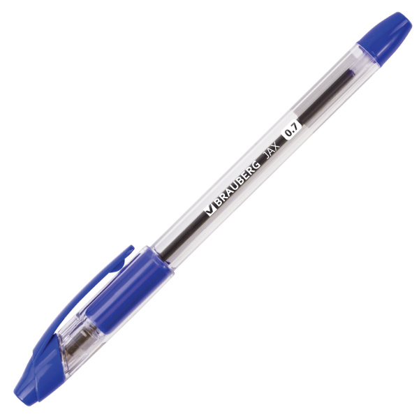 Ручка шариковая с грипом BRAUBERG "JAX", СИНЯЯ, корпус прозрачный, узел 0,7 мм, линия письма 0,35 мм, 141149 - Ручки шариковые неавтоматические