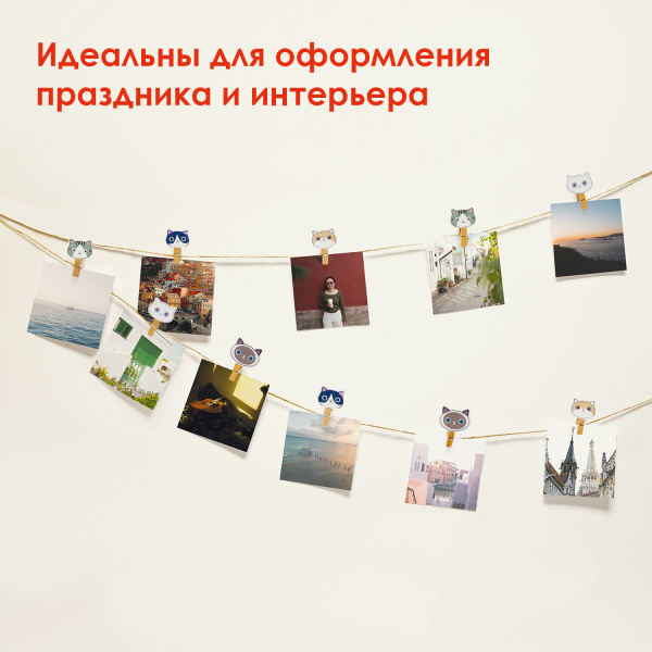 Прищепки декоративные "Котики", 10 штук, 3,5 см, ассорти, со шпагатом, ОСТРОВ СОКРОВИЩ, 662673 - Прищепки для творчества