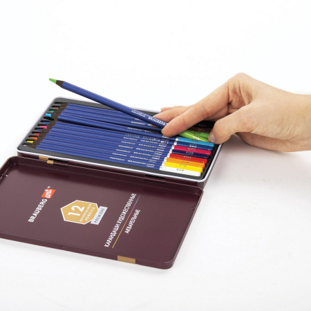 Карандаши художественные цветные акварельные BRAUBERG ART PREMIERE, 12 цветов, грифель 4 мм, металл, 181533 - Карандаши цветные и акварельные профессиональные