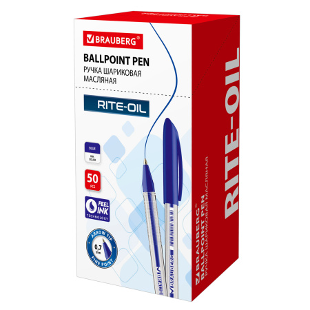 Ручка шариковая масляная BRAUBERG "Rite-Oil", СИНЯЯ, корпус прозрачный, узел 0,7 мм, линия письма 0,35 мм, 141702 - Ручки шариковые неавтоматические
