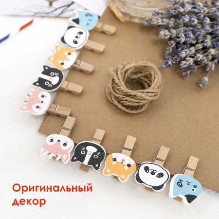 Прищепки декоративные "Забавные животные", 10 штук, 3,5 см, ассорти, со шпагатом, ОСТРОВ СОКРОВИЩ, 662672 - Прищепки для творчества