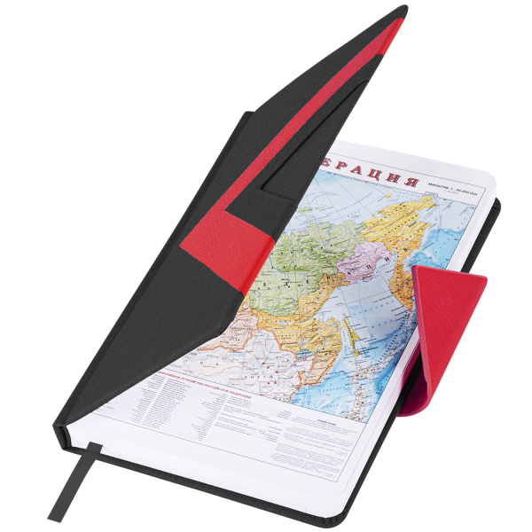 Ежедневник недатированный А5 138x213 мм BRAUBERG "Waves" под кожу, застежка 160 л., черный/красный, 111876 - Ежедневники с покрытием "под кожу и ткань"