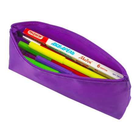 Пенал-косметичка ПИФАГОР на молнии, текстиль, фиолетовый, 19х4х9 см, 229003 - Пеналы мягкие