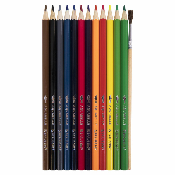 Карандаши цветные акварельные классические мягкие BRAUBERG, 12 цветов, с КИСТЬЮ, 181848 - Карандаши цветные акварельные