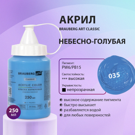 Краска акриловая художественная BRAUBERG ART CLASSIC, флакон 250 мл, НЕБЕСНО-ГОЛУБАЯ, 191711 - Краски глянцевые