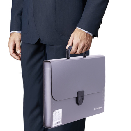 Папка-портфель пластиковая BRAUBERG "ПРОЕКТ", А4 (330х240х35 мм), 13 отделений, серый, РОССИЯ, 226027 - Портфели пластиковые