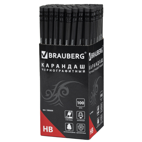 Карандаш чернографитный BRAUBERG, 1 шт., "Black Jack", НВ, с ластиком, черное дерево, корпус черный, 180609 - Карандаши чернографитные