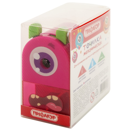 Точилка механическая ПИФАГОР "Монстрик", корпус розовый, для чернографитных и цветных карандашей, 229716 - Точилки механические