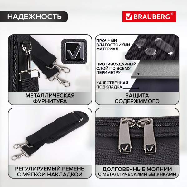 Сумка-портфель BRAUBERG с отделением для ноутбука 17,3", "Sidney", откидная крышка, черная, 44х34х6 см, 240449 - Сумки деловые с отделением для ноутбука и планшета