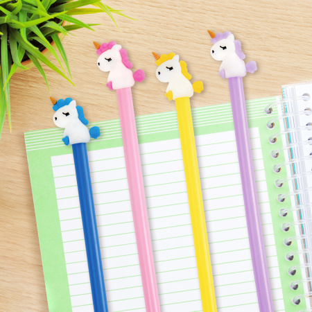 Ручка с топпером шариковая ЮНЛАНДИЯ "Единорог", корпус ассорти, СИНЯЯ, пишущий узел 0,7 мм, 143805 - Ручки фигурные