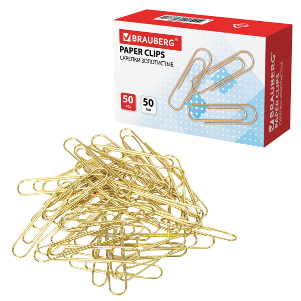 Скрепки большие 50 мм, BRAUBERG, золотистые, 50 шт., в картонной коробке, 270447 - Скрепки канцелярские