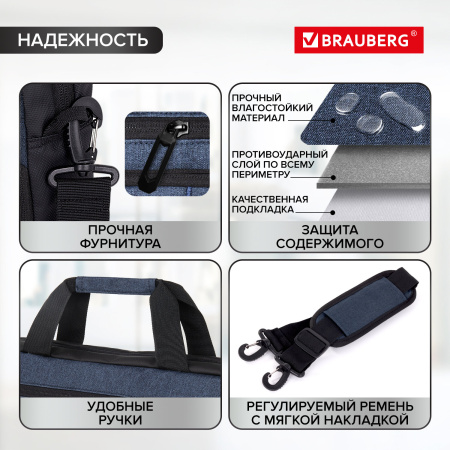 Сумка-портфель BRAUBERG "Forward" с отделением для ноутбука 15,6", темно-синяя, 29х40х9 см, 270833 - Сумки деловые с отделением для ноутбука и планшета