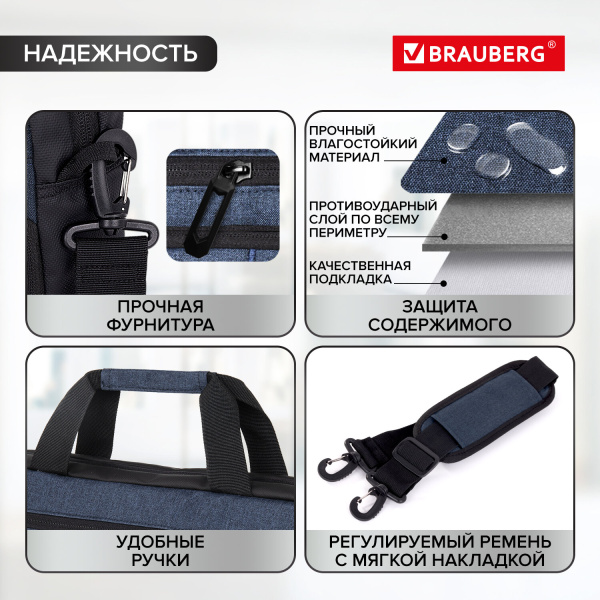 Сумка-портфель BRAUBERG "Forward" с отделением для ноутбука 15,6", темно-синяя, 29х40х9 см, 270833 - Сумки деловые с отделением для ноутбука и планшета
