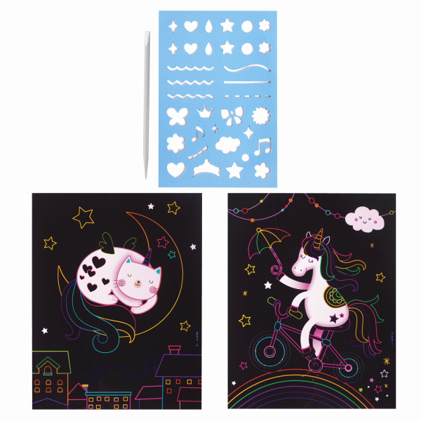 Гравюра магическая "Единорог и котенок", А5, 2 основы в комплекте, с трафаретом, ЮНЛАНДИЯ, 662688 - Гравюры