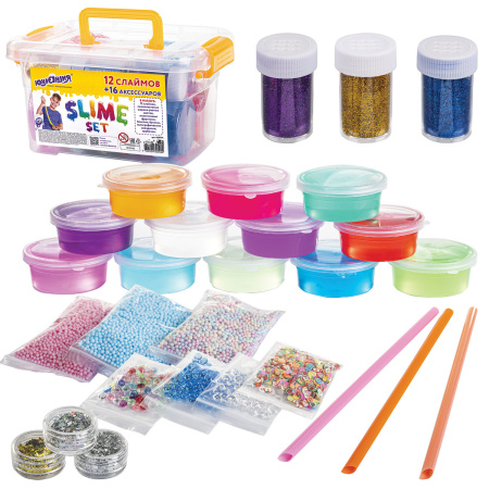 Набор слаймов 12 цветов, 16 аксессуаров, в пластиковом боксе, ЮНЛАНДИЯ, 663774 - Игрушки релаксирующие