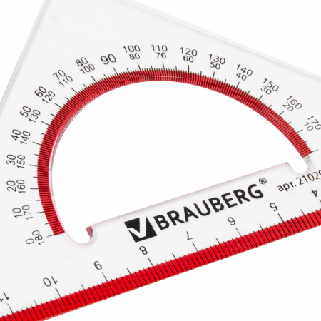 Треугольник пластиковый, угол 45, 13 см, BRAUBERG "Crystal", с транспортиром, прозрачный, с выделенной шкалой, 210293 - Треугольники