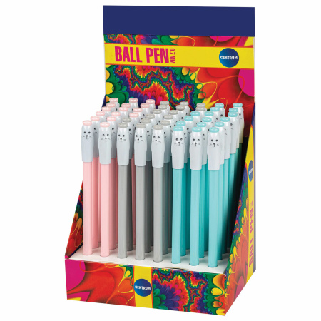 Ручка с топпером шариковая CENTRUM "Кот", СИНЯЯ, корпус ассорти, линия письма 0,7 мм, дисплей, 89523 - Ручки фигурные