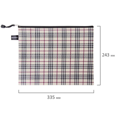Папка-конверт на молнии А4 (335х243 мм), ткань в клетку, BRAUBERG "Checked", 223892 - Папки-конверты на молнии
