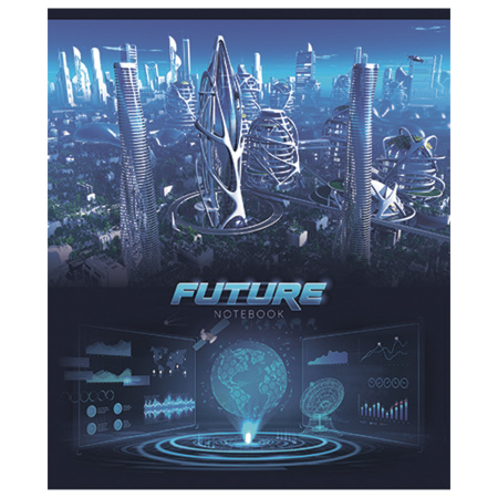 Тетрадь А5, 48 л., ПЗБМ, скоба, клетка, ламинация, фольга, выборочный лак, "Города будущего" (5 видов), 029623 - Тетради 40-48 листов