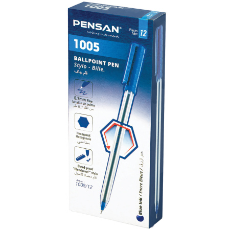 Ручка шариковая масляная PENSAN 1005, СИНЯЯ, корпус прозрачный, узел 0,7 мм, линия письма 0,5 мм, 1005 - Ручки шариковые неавтоматические