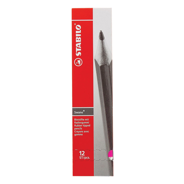 Карандаш чернографитный STABILO, 1 шт., "Swano", HB, с резинкой, корпус неоновый розовый, заточенный, 4907/040HB - Карандаши чернографитные