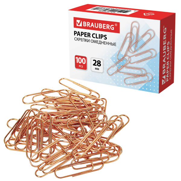 Скрепки BRAUBERG, 28 мм, омедненные, 100 шт., в картонной коробке, 270448 - Скрепки канцелярские
