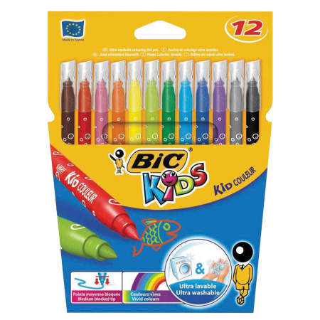Фломастеры BIC "Kid Couleur", 12 цветов, суперсмываемые, вентилируемый колпачок, европодвес, 9202932 - Фломастеры классические