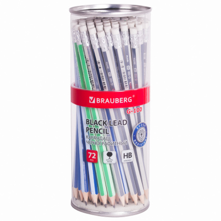 Карандаш чернографитный BRAUBERG "G-100", 1 шт., HB, с ластиком, корпус ассорти, 181714 - Карандаши чернографитные