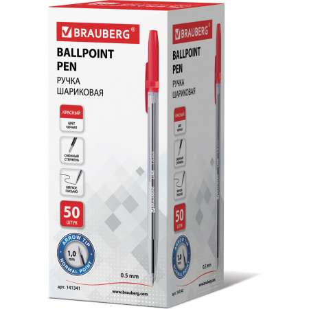 Ручка шариковая BRAUBERG "Line", КРАСНАЯ, корпус прозрачный, узел 1 мм, линия письма 0,5 мм, 141341 - Ручки шариковые неавтоматические