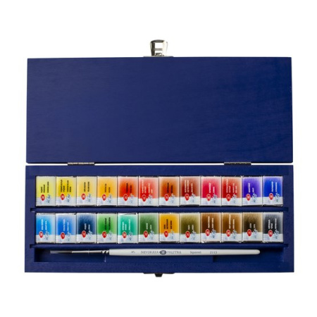 Набор акварели Белые Ночи в деревянном синем пенале 24 цвета в кюветах 2,5 мл, кисть - Акварель художественная в наборах