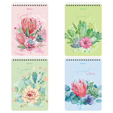 Блокнот А5 (146х206 мм), 60 л., гребень, картон, жесткая подложка, клетка, BRAUBERG, "Суккуленты", 114368 - Блокноты