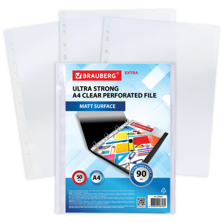 Папки-файлы перфорированные А4 BRAUBERG "EXTRA 900", КОМПЛЕКТ 50 шт., матовые, ПЛОТНЫЕ, 90 мкм, 229669