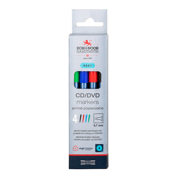 Маркеры для CD и DVD KOH-I-NOOR, НАБОР 4 шт., АССОРТИ, трехгранные, 0,7 мм, 774001JD02KS - Маркеры для CD и DVD